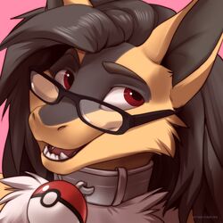  1:1 2020 alternate_color anthro black_hair collar digital_media_(artwork) eyewear generation_4_pokemon glasses hair headshot_portrait icon kiba_wolfbane koul looking_aside lucario nintendo open_mouth pokeball pokeball_collar pokemon pokemon_(species) portrait red_eyes solo standard_pokeball teeth tongue 