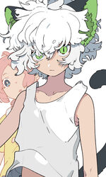  1boy animal_ears blue_eyes cat_ears cat_tail collarbone eyes_visible_through_hair female green_eyes highres looking_at_viewer luo_xiaobai luo_xiaohei luo_xiaohei_(human) luo_xiaohei_zhanji male_focus maruco open_mouth pink_hair shirt short_hair solo_focus tail tank_top upper_body white_hair white_tank_top yellow_shirt 