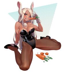  animal_ears black_footwear black_leotard black_pantyhose boku_no_hero_academia breasts carrot cleavage commentary dark-skinned_female dark_skin detached_collar female gloves high_heels highres hongcasso leotard long_hair mirko pantyhose parted_lips playboy_bunny rabbit_ears rabbit_girl sitting smile solo strapless strapless_leotard white_gloves white_hair 