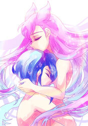  1boy blue_hair closed_eyes commentary_request couple eyelashes female hibikileon hug long_hair nude pink_hair pokemon pokemon_adventures simple_background straight wallace_(pokemon) white_background winona_(pokemon) 