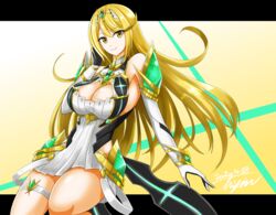  arm_guards backless_dress backless_outfit bare_legs bare_shoulders blonde_hair breasts chest_jewel cleavage cleavage_cutout clothing_cutout dress drop_earrings earrings elbow_gloves female gloves hisin jewelry large_breasts long_hair microdress mythra_(xenoblade) short_dress sleeveless sleeveless_dress solo swept_bangs thigh_strap tiara very_long_hair white_dress white_gloves xenoblade_chronicles_(series) xenoblade_chronicles_2 yellow_eyes 