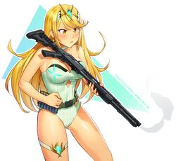  absurdres angry belt blonde_hair blush breasts cleavage cowboy_shot earrings english_commentary female gun highres jewelry long_hair medium_breasts mleth mossberg_590 mythra_(radiant_beach)_(xenoblade) mythra_(xenoblade) one-piece_swimsuit shotgun shotgun_shell smoke smoking_barrel solo strapless strapless_one-piece_swimsuit swept_bangs swimsuit tiara weapon white_one-piece_swimsuit xenoblade_chronicles_(series) xenoblade_chronicles_2 yellow_eyes 