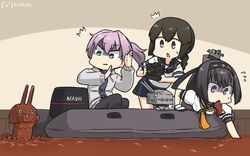  2others 3girls ^^^ ahoge akizuki_(kancolle) alternate_costume black_eyes black_hair black_pants black_sailor_collar black_sweater blue_eyes blue_sailor_collar blue_skirt braid camera chocolate chou-10cm-hou-chan commentary_request dated flying_sweatdrops gloves grey_eyes grey_jacket hachimaki hair_between_eyes hamu_koutarou headband highres inflatable_boat isonami_(kancolle) jacket kantai_collection mouth_hold multiple_girls multiple_others neckerchief one-hour_drawing_challenge pants pleated_skirt ponytail purple_hair sailor_collar school_uniform serafuku shaded_face shiranui_(kancolle) short_hair sidelocks skirt sweater unworn_gloves yellow_neckerchief 