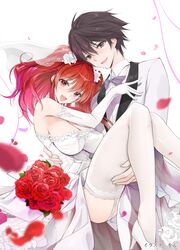  1boy :d black_hair bouquet bow bowtie breasts bridal_veil bride brown_eyes carrying cleavage commentary_request dress elbow_gloves female flower garter_belt gloves groom hand_on_another&#039;s_chest high_heels highres kurogane_ikki lace-trimmed_thighhighs large_breasts novel_illustration official_art petals princess_carry purple_bow purple_bowtie rakudai_kishi_no_cavalry red_eyes red_flower red_hair red_rose rose second-party_source smile stella_vermillion thighhighs tuxedo veil wedding wedding_dress white_footwear white_gloves white_thighhighs won_(az_hybrid) 