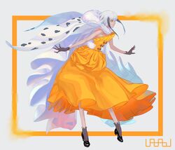  arthropod_girl black_footwear black_gloves cape dress eyeshadow female full_body fur_cape gloves grey_background highres long_hair makeup moth_antennae moth_girl orange_dress orange_eyeshadow original profile shoes solo standing uaaaou white_hair 