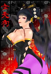  ass black_background black_hair black_leotard black_wings blunt_bangs breasts character_name dead_or_alive dead_or_alive_5 elbow_gloves feathered_wings female floral_background gloves hair_ornament hair_stick highres hime_cut large_breasts leotard looking_at_viewer makeup mole mole_under_mouth nyotengu pantyhose purple_eyes red_background rope sk_(sk-g) sliding_doors solo tongue tongue_out twitter_username two-tone_background wings 