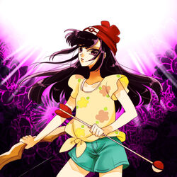  arrow_(projectile) bow_(weapon) collarbone commentary_request eyelashes female flat_chest floral_background floral_print green_shorts hibikileon holding holding_arrow holding_bow_(weapon) holding_weapon long_hair looking_at_viewer pokemon pokemon_adventures purple_background purple_eyes purple_hair selene_(pokemon) serious shirt short_sleeves shorts solo standing tied_shirt upper_body weapon yellow_shirt 