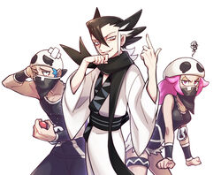  &gt;_o 2boys black_hair black_scarf commentary_request eyelashes female grimsley_(pokemon) hair_between_eyes half-closed_eyes hands_up highres holding holding_poke_ball jewelry long_hair looking_at_viewer momoji_(lobolobo2010) multiple_boys necklace one_eye_closed parted_lips pink_eyes pink_hair poke_ball poke_ball_(basic) pokemon pokemon_sm sash scarf smile team_skull team_skull_grunt team_skull_uniform thigh_strap white_background wristband 