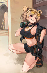  absurdres bare_shoulders belt black_choker black_footwear black_shorts black_sports_bra blonde_hair breasts brown_belt bullpup chadlink choker cleavage commentary_request commission counter-strike_(series) counter-strike_2 crop_top double_bun eyewear_on_head female flashbang girls&#039;_frontline grin gun hair_bun head_tilt highres holding holding_gun holding_weapon large_breasts looking_at_viewer midriff navel on_one_knee p90 p90_(girls&#039;_frontline) purple_eyes second-party_source shoes short_hair short_shorts shorts smile solo sports_bra stomach submachine_gun sunglasses thighs weapon 