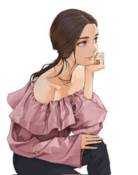  bare_shoulders black_pants brown_eyes brown_hair closed_mouth collarbone female forehead gold_necklace hand_up head_rest highres jewelry long_hair looking_to_the_side low_ponytail necklace off-shoulder_shirt off_shoulder original pants pink_shirt shirt simple_background sleeves_past_wrists smile solo tbocart upper_body white_background 