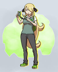  :o backpack bag blonde_hair blush breasts collared_shirt commentary_request cosplay curly_hair cynthia_(pokemon) female full_body green_bag green_footwear green_vest habatakuhituji hair_ornament hair_over_one_eye holding long_hair pants pointing pokemon pokemon_dppt pokemon_xy purple_eyes shirt shoes short_sleeves solo standing trevor_(pokemon) trevor_(pokemon)_(cosplay) vest white_shirt 