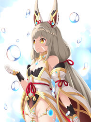  :3 animal_ears ashyukiha bangs bare_shoulders breasts bubble cowboy_shot detached_sleeves facial_mark female gloves highleg highleg_leotard highres leotard long_hair niyah niyah_(blade) silver_hair simple_background small_breasts smile solo spoilers twintails very_long_hair white_background white_gloves xenoblade_(series) xenoblade_2 yellow_eyes 