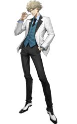  1boy black_necktie black_pants blonde_hair blue_eyes blue_shirt blue_vest collared_shirt hair_behind_ear hand_in_pocket head_tilt holding jacket looking_at_viewer male_focus necktie official_art pants rom_(smc) shirt smile solo super_mecha_champions toothpick transparent_background vest white_jacket 