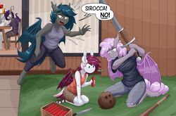  absurd_res anthro baseball_bat bat_(object) bat_pony bat_wings claymore clothing coconut dialogue drupe_(fruit) dynamite english_text equid equine explosives fan_character fangs female food fruit group hasbro hi_res kneeling knife lolicon mammal melee_weapon membrane_(anatomy) membranous_wings my_little_pony mythological_creature mythological_equine mythology name_drop name_in_dialogue nolegs_(oc) pegasus plant replica_(artist) sirocca speck_(nukepone) speech_bubble summer_scorch sword talking_to_another teeth text weapon wings young zweihander 