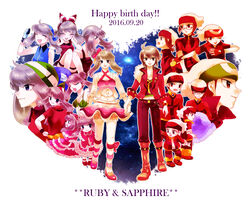  6+boys 6+girls :d ;d ^_^ aged_down bandaid bandaid_on_face bandana black_eyes black_hair blue_bandana blush boots breasts brendan_(pokemon) brown_hair character_name closed_eyes commentary_request couple dated dress glasses green_bandana hair_ribbon happy_birthday hat heart hibikileon highres lolicon long_sleeves looking_at_viewer may_(pokemon) medium_hair multiple_boys multiple_girls multiple_persona oerba_yun_fang one_eye_closed open_mouth photoshop_(medium) pink_dress pink_skirt pokemon pokemon_adventures purple_eyes red_bandana red_eyes red_ribbon red_shirt ribbon scar shirt shoes short_sleeves simple_background skirt small_breasts smile standing straight tied_hair twintails white_background white_headwear 