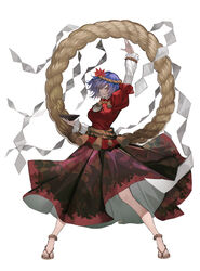  anklet arm_up black_skirt brown_footwear cup female full_body hair_ornament highres holding holding_cup jewelry kaoru_(alicemakoto) layered_sleeves leaf_hair_ornament long_skirt long_sleeves looking_at_viewer mirror open_mouth purple_hair red_eyes red_shirt rope sakazuki sandals shide shirt short_hair short_over_long_sleeves short_sleeves simple_background skirt smile solo standing touhou white_background yasaka_kanako zouri 