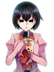  black_eyes black_hair bob_cut bubble_tea commentary cup drinking_straw empty_eyes female holding holding_cup light_blush looking_at_viewer monogatari_(series) naoetsu_high_school_uniform oshino_ougi parted_lips pink_shirt school_uniform shirt short_hair simple_background sleeves_past_fingers sleeves_past_wrists solo t33h8703 upper_body white_background 