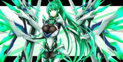  breasts chest_jewel earrings female gloves greek_text green_eyes green_hair headpiece high_heels hisin jewelry large_breasts long_hair pneuma_(xenoblade) ponytail solo swept_bangs tiara very_long_hair wings xenoblade_chronicles_(series) xenoblade_chronicles_2 