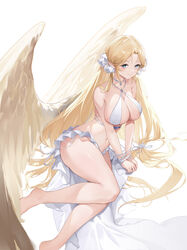  absurdres angel_wings ano_(madoka23) azur_lane bare_legs bare_shoulders barefoot bikini blonde_hair blue_eyes blush bound bound_wrists breasts brest_(azur_lane) brest_(marine_muse)_(azur_lane) choker closed_mouth criss-cross_halter elf feathered_wings feet female foot_out_of_frame frilled_bikini frills halterneck highres leaning_to_the_side legs long_hair looking_at_viewer low-tied_long_hair low_twintails official_alternate_costume pendant_choker pointy_ears reclining ribbon sidelocks simple_background skindentation skirt smile solo stomach string_bikini swimsuit twintails very_long_hair white_background white_bikini white_choker white_ribbon white_skirt wings yellow_wings 