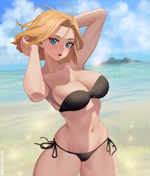  alternate_costume android_18 aqua_eyes arms_up artist_name beach bikini black_bikini blonde_hair breasts commentary cowboy_shot day dragon_ball dragon_ball_z english_commentary female head_tilt hongcasso island large_breasts looking_at_viewer navel outdoors parted_lips short_hair solo strapless strapless_bikini swimsuit 