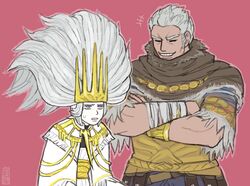  2boys alternate_form bandaged_arm bandages big_hair bracelet brothers brown_capelet capelet cosplay crossed_arms d: dark_souls_(series) dark_souls_iii dark_sun_gwyndolin dated dress emlan floating_hair grey_eyes grey_hair grey_outline grin jewelry jitome long_hair male_focus multiple_boys nameless_king nameless_king_(cosplay) open_mouth pale_skin pink_background sash siblings signature simple_background smile sweatdrop white_dress 