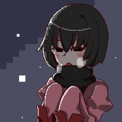  black_eyes black_hair black_neckwear blush bob_cut breath empty_eyes female grey_background hands_on_own_chest looking_down monogatari_(series) naoetsu_high_school_uniform open_mouth oshino_ougi pink_shirt pixel_art scarf school_uniform shirt short_hair sleeves_past_fingers sleeves_past_wrists snowing solo t33h8703 upper_body 