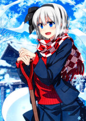  alternate_costume bare_tree blue_coat blue_eyes blue_skirt blush breath building checkered_clothes checkered_scarf coat cold colored_eyelashes commentary_request cowboy_shot day female fringe_trim ghost highres hitodama konpaku_youmu konpaku_youmu_(ghost) long_sleeves open_clothes open_coat outdoors red_sweater sazanami_mio scarf short_hair shovel simple_background skirt snow snow_shovel snowflakes solo sweater touhou tree winter 