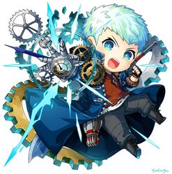  1boy asa02 black_footwear black_gloves blue_coat blue_eyes blush bracelet broken clenched_hand coat devil_may_cry_(series) devil_may_cry_5 fingerless_gloves gears gloves jewelry light_blush male_focus mechanical_arms necklace nero_(devil_may_cry) open_mouth red_shirt shirt signature simple_background single_mechanical_arm sleeves_rolled_up solo sword teeth tongue torn_clothes torn_shirt upper_teeth_only watch weapon weapon_on_back white_background white_hair white_shirt zipper 