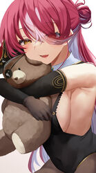  absurdres armpits breasts covered_navel eyepatch eyes_visible_through_hair female gloves grey_hair hair_bun hair_over_one_eye heterochromia highres hololive houshou_marine houshou_marine_(marching_band) hugging_object large_breasts leotard long_hair multicolored_hair official_alternate_hair_length official_alternate_hairstyle pantyhose ponnu_(nikeytina) red_eyes red_hair sideboob single_hair_bun solo streaked_hair stuffed_animal stuffed_toy teddy_bear very_long_hair virtual_youtuber white_hair yellow_eyes 