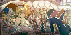  alice_margatroid ascot blonde_hair blue_dress blue_eyes capelet commentary couch doll dress female frilled_ascot frilled_sash frills hairband kaoru_(alicemakoto) lolita_hairband long_sleeves looking_at_viewer lying pink_hairband puffy_sleeves sash shanghai_doll short_hair touhou 