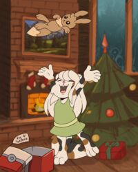  2d_animation 3_toes 4:5 animated anthro barefoot box brown_body calico_cat christmas christmas_decorations christmas_ornament christmas_present christmas_stocking christmas_tree closed_eyes clothing container detailed_background digital_media_(artwork) domestic_cat dress eevee facial_tuft feet felid feline felis female fireplace frame_by_frame full-length_portrait generation_1_pokemon gift gift_box gift_tag green_clothing green_dress hair happy holding_object holding_toy holidays hug inside mammal markings mismatched_ears motion_tweening mottled multicolored_body nante-p neck_tuft nintendo paws picture_frame piebald pink_nose plant playing_with_toys plushie pokemon pokemon_(species) portrait ruff selene_blackcat short_playtime signature solo spots spotted_body throwing_object toes toy tree tuft white_body white_hair window young young_female 