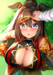  animal_ears blue_eyes blurry blush breasts brown_hair cleavage cleavage_cutout clothing_cutout commentary_request el_condor_pasa_(kukulkan_monk)_(umamusume) el_condor_pasa_(umamusume) female from_above hair_between_eyes hands_on_own_hips highres horse_ears horse_girl large_breasts long_hair mask official_alternate_costume open_mouth solo_focus takurowo tears umamusume 