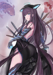  absurdres ass back bad_id bad_pixiv_id bare_shoulders black_dress black_gloves black_headwear black_thighhighs blue_eyes blunt_bangs blush breasts closed_mouth dress elbow_gloves fate/grand_order fate_(series) female fish flute gloves grey_background halo highres instrument kuyoumi large_breasts long_hair looking_at_viewer looking_back lychee purple_hair skirt_hold smile solo thighhighs thighs tongue tongue_out very_long_hair yang_guifei_(fate) yang_guifei_(third_ascension)_(fate) 