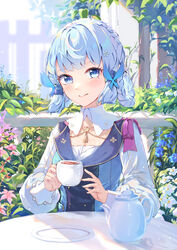  blue_bow blue_dress blue_eyes blue_flower blue_hair blush bow braid chahei cup detached_collar dress female flower genshin_impact hairbow highres kamisato_ayaka kamisato_ayaka_(springbloom_missive) light_blue_hair long_sleeves looking_at_viewer mole official_alternate_costume outdoors parted_lips sitting smile solo table teacup teapot white_flower 