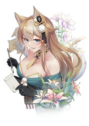  97_mubi_bai absurdres animal_ears bare_shoulders black_gloves blue_eyes breasts brown_hair cleavage dog_ears dog_tail female flower genderswap_(mtf) genshin_impact gloves highres hina_(genshin_impact) japanese_clothes kimono large_breasts letter long_hair open_mouth paintbrush rule_63 smile solo tail 