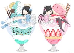  2girls angel angel_and_devil angel_wings apron artist_name black_eyes black_hair black_thighhighs blue_bow blue_dress blue_footwear blunt_bangs blush bow commentary_request demon_wings dress feathered_wings food food_focus fruit hairbow halo heart highres horns ice_cream ice_cream_scoop in_food lemon lemon_slice looking_at_viewer maid_apron medium_hair mini_person minigirl mint_chocolate multiple_girls nagomurasan original parfait pink_bow pink_dress pink_footwear pocky puffy_short_sleeves puffy_sleeves shoes short_sleeves signature smile star_(symbol) strawberry strawberry_parfait thighhighs traditional_halo wafer_stick white_background white_thighhighs wings 