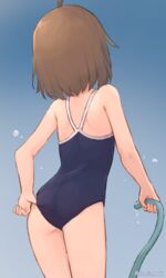  adjusting_clothes adjusting_swimsuit ahoge artist_name ass back blue_background breasts brown_hair centi_mnkt commentary competition_school_swimsuit cowboy_shot female gradient_background haruka_(centi_mnkt) highres holding holding_hose hose new_school_swimsuit one-piece_swimsuit original school_swimsuit short_hair simple_background small_breasts solo standing swimsuit twitter_username water_drop 