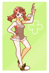  black_eyes breasts brown_hair commentary_request cosplay female flower green_background hair_flower hair_ornament hibikileon highres holding holding_ladle ladle low_ponytail mallow_(pokemon) mallow_(pokemon)_(cosplay) may_(pokemon) medium_breasts medium_hair oerba_yun_fang pokemon pokemon_adventures pokemon_sm polka_dot polka_dot_background ponytail shoes sidelocks solo standing 