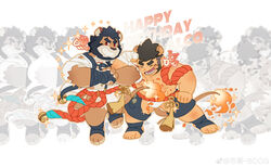  2boys abs absurdres alca_(wakatanka4) alca_the_lion animal_ears bara bare_pectorals beard black_hair blush boogbogex chibi crotchless crotchless_pants facial_hair fist_in_hand full_body fundoshi grin gyee happy_birthday highres japanese_clothes lion_boy lion_ears lion_tail locked_arms male_focus mature_male multiple_boys multiple_persona muscular muscular_male original pants pectorals short_hair smile stomach tail thick_eyebrows 