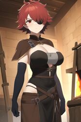  ai-generated blacksmith breasts cleavage dungeon_ni_deai_wo_motomeru_no_wa_machigatteiru_darou_ka elbow_gloves eyepatch female furnace gloves hephaistos_(danmachi) nai_diffusion one_eye_covered red_eyes red_hair short_hair solo xviii_pri 