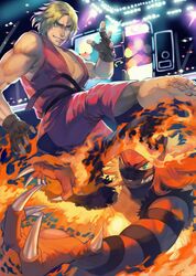  1boy bare_shoulders barefoot belt black_belt blonde_hair blue_eyes brown_gloves claws dougi fingerless_gloves fire gloves highres incineroar indoors ken_masters kicking light martial_arts_belt muscular parted_lips pokemon pokemon_(creature) satome_setsuko sharp_teeth smile street_fighter super_smash_bros. teeth 