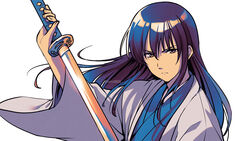  1boy arm_up asada_hachi bangs banned_artist blue_kimono brown_eyes closed_mouth commentary gintama gradient_hair hair_between_eyes haori highres holding holding_sword holding_weapon japanese_clothes katana katsura_kotarou kimono long_hair long_sleeves looking_at_viewer male_focus multicolored_hair purple_hair serious simple_background solo sword twitter_username upper_body watermark weapon white_background wide_sleeves 