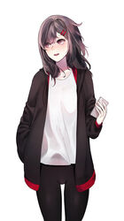  absurdres alternate_costume black_jacket black_pantyhose blush brown_eyes brown_hair casual cellphone collarbone commentary cowboy_shot drawstring female hair_ornament hair_over_shoulder hairclip hand_in_pocket highres holding holding_phone hood hood_down hooded_jacket jacket kagerou_project looking_to_the_side mekakucity_actors multicolored_clothes multicolored_jacket no_scarf open_clothes open_jacket open_mouth pantyhose phone rax_(pixiv_47057609) red_jacket shirt simple_background solo swept_bangs t-shirt tateyama_ayano teeth two-tone_jacket upper_teeth_only white_background white_shirt 