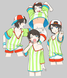  ;d ;o backwards_hat baseball_cap black_hair blue_eyes breasts commentary downblouse female grey_background grin hat hololive jumping looking_at_viewer looking_away multiple_views no_bra noise_(tsuzuki) oerba_yun_fang off_shoulder one_eye_closed oozora_subaru oozora_subaru_(1st_costume) pointing shirt short_hair shorts simple_background skin_fang sleepy sleeves_rolled_up smile striped_clothes striped_shirt swept_bangs tears tied_shirt underboob upshirt v vertical-striped_clothes vertical-striped_shirt virtual_youtuber white_shorts yawning 