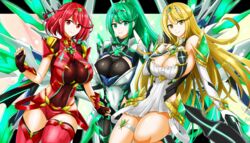  3girls bare_legs bare_shoulders black_gloves blonde_hair breasts chest_jewel cleavage cleavage_cutout clothing_cutout dress earrings elbow_gloves fingerless_gloves gloves green_eyes green_hair high_heels hisin jewelry large_breasts long_hair multiple_girls mythra_(xenoblade) pneuma_(xenoblade) ponytail pyra_(xenoblade) red_eyes red_hair red_legwear red_shorts short_dress short_hair short_shorts shorts swept_bangs thigh_strap thighhighs tiara very_long_hair white_dress white_gloves xenoblade_chronicles_(series) xenoblade_chronicles_2 yellow_eyes 