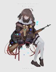  absurdres artist_name battle_rifle black_gloves blue_skirt brown_hair cowlick enne_kl female full_body girls&#039;_frontline gloves gun highres long_hair m14 m14_(girls&#039;_frontline) m14_(mod3)_(girls&#039;_frontline) pleated_skirt rifle sailor_collar shoes skirt smile solo sparkle thighhighs weapon white_thighhighs yellow_eyes zettai_ryouiki 