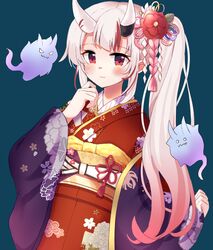  alternate_costume alternate_hairstyle commentary double_bun female floral_print flower gradient_hair hair_between_eyes hair_bun hair_flower hair_ornament hitodama hololive horns japanese_clothes karma_(nakiri_ayame) kimono long_hair looking_at_viewer mizuki_(lvo0x0ovl) multicolored_hair nakiri_ayame nakiri_ayame_(new_year) obi oni red_eyes red_hair sash shiranui_(nakiri_ayame) side_ponytail simple_background skin-covered_horns smile solo streaked_hair tassel virtual_youtuber white_hair 