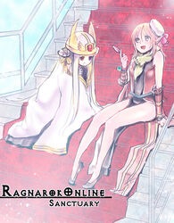  2girls animal_around_neck bad_id belt black_footwear blonde_hair blue_belt breasts cone_hair_bun copyright_name crown detached_sleeves dress fox full_body green_eyes hair_bun heterochromia long_hair long_sleeves medium_breasts multiple_girls open_mouth pelvic_curtain pointy_ears pope_(ragnarok_online) professor_(ragnarok_online) purple_eyes ragnarok_online red_dress red_eyes red_sleeves riuhi shoes sitting sitting_on_stairs sleeveless sleeveless_dress stairs striped_sleeves white_dress white_hair white_headwear wide_sleeves yellow_sleeves 