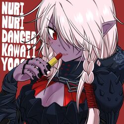  blonde_hair braid breasts chains cleavage cloak fingerless_gloves floral_print flower gloves hair_over_one_eye hood hooded_cloak jewelry large_breasts lipstick long_hair makeup neck_ring pointy_ears red_eyes ring rose rose_print shadow_dancer_(dungeon_and_fighter) spikes tattoo thief_(dungeon_and_fighter) torn_clothes twin_braids 