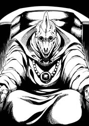  1boy baramos commentary dragon_quest dragon_quest_iii greyscale highres horror_(theme) looking_at_viewer male_focus monochrome monster sitting solo tukiwani 